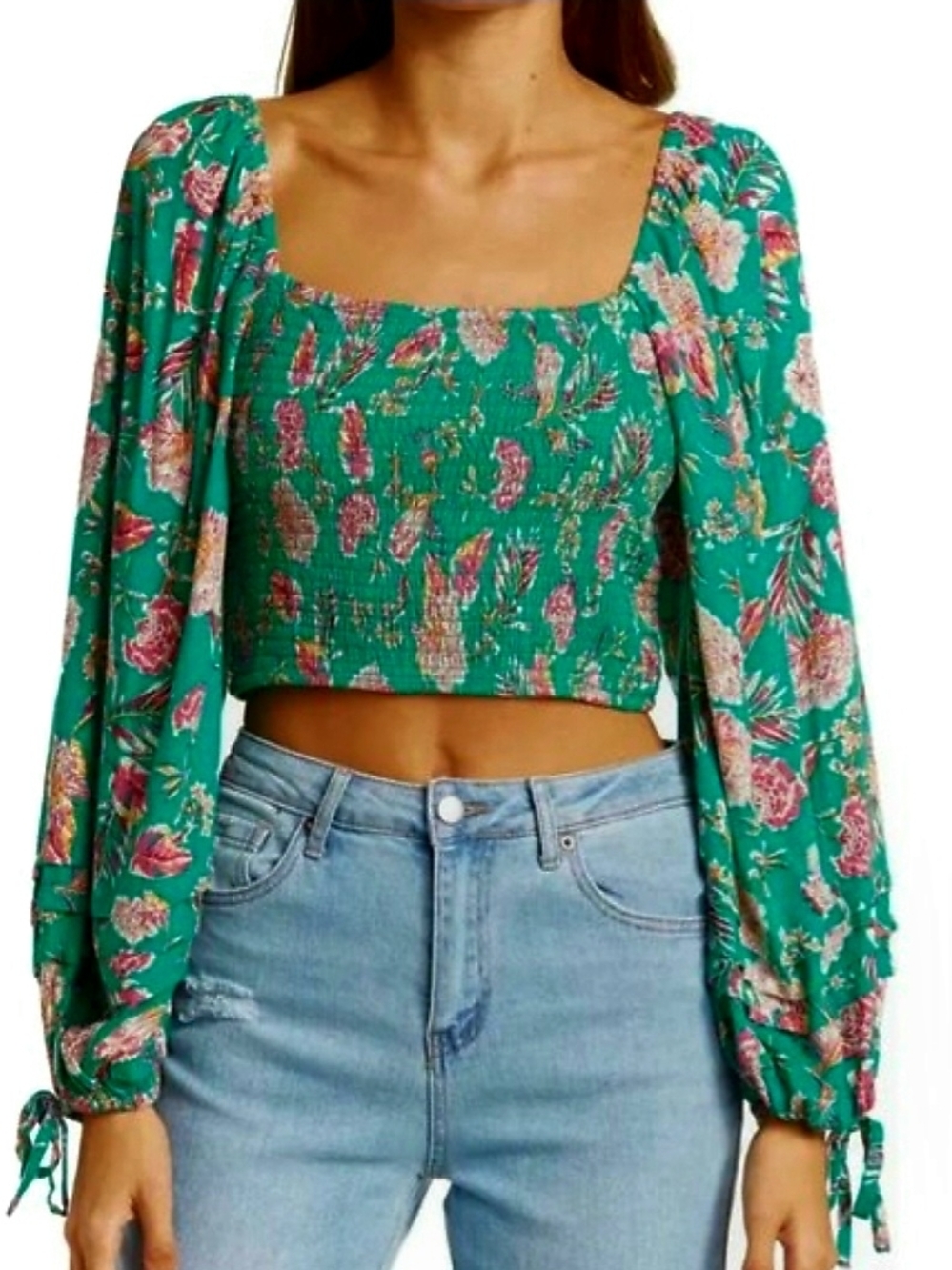 NEW BOG Collective Floral Smocked Square Neckline Puff Sleeve Crop Top SZ Small